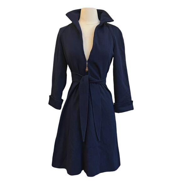 Vintage Dresses & Skirts - Vintage 1970s R&K Originals Navy Knit Front Zip Belted Mini Dress